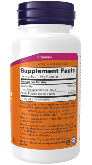 Vitamin K-2, 100mcg - 100 vcaps NOW Foods