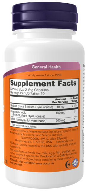 Hyaluronic Acid with MSM, 50mg - 60 vcaps NOW Foods